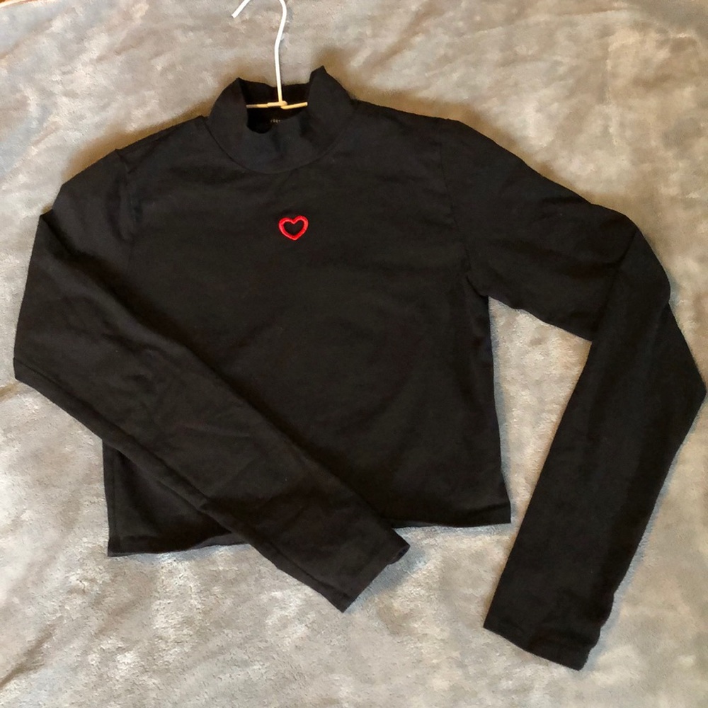 Forever 21 Black Embroidered Heart Mockneck Top